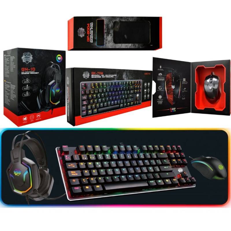 Kit Gamer Pro Auriculares Gh-10 / Mouse Gm-45 / Mouse Pad Gp-6004 / Teclado Tkl Gk70m